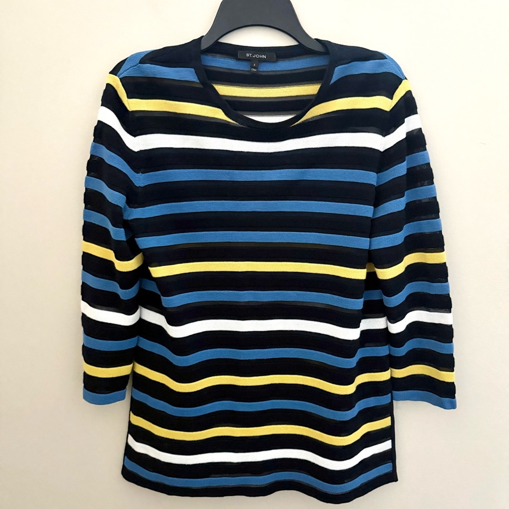 St John Wool Blend Striped Black Blue Yellow Crew Neck Sweater - Picture 3 of 10